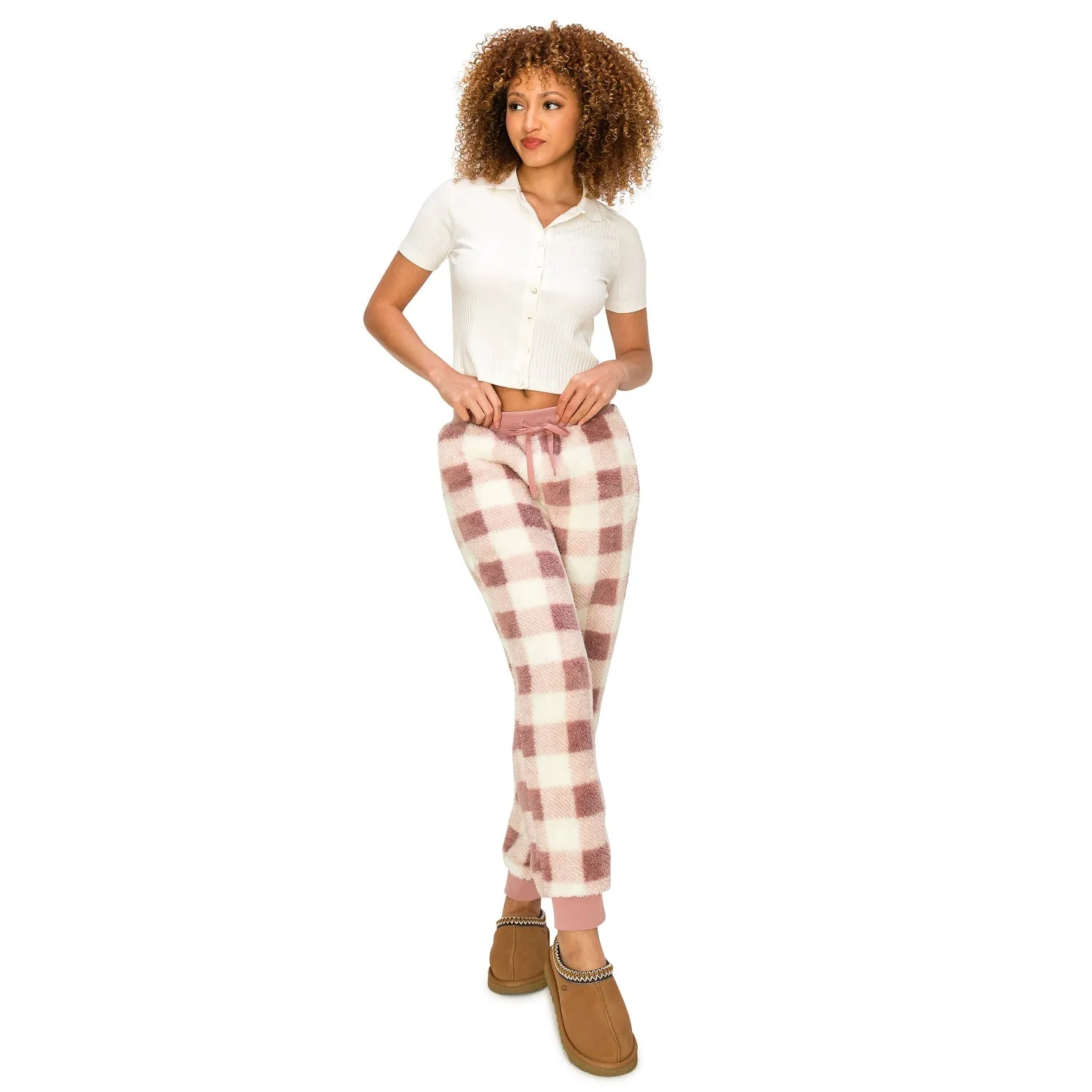 Sherpa Plaid Joggers Sweatpants - Mauve Plaid