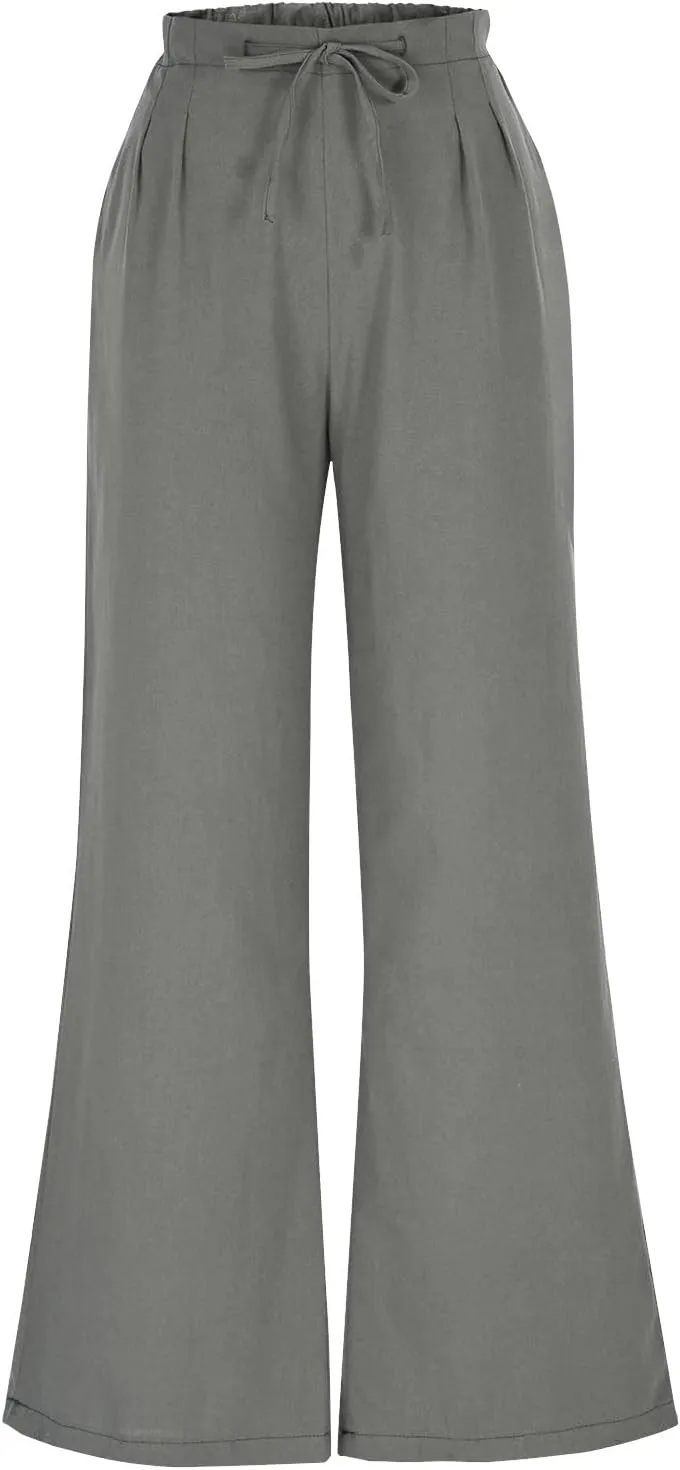 Womens Wide Leg Pants Lace-Up Elastic Waisted Solid Color Loose Summer Trendy Beach Full Length Trousers with Pockets