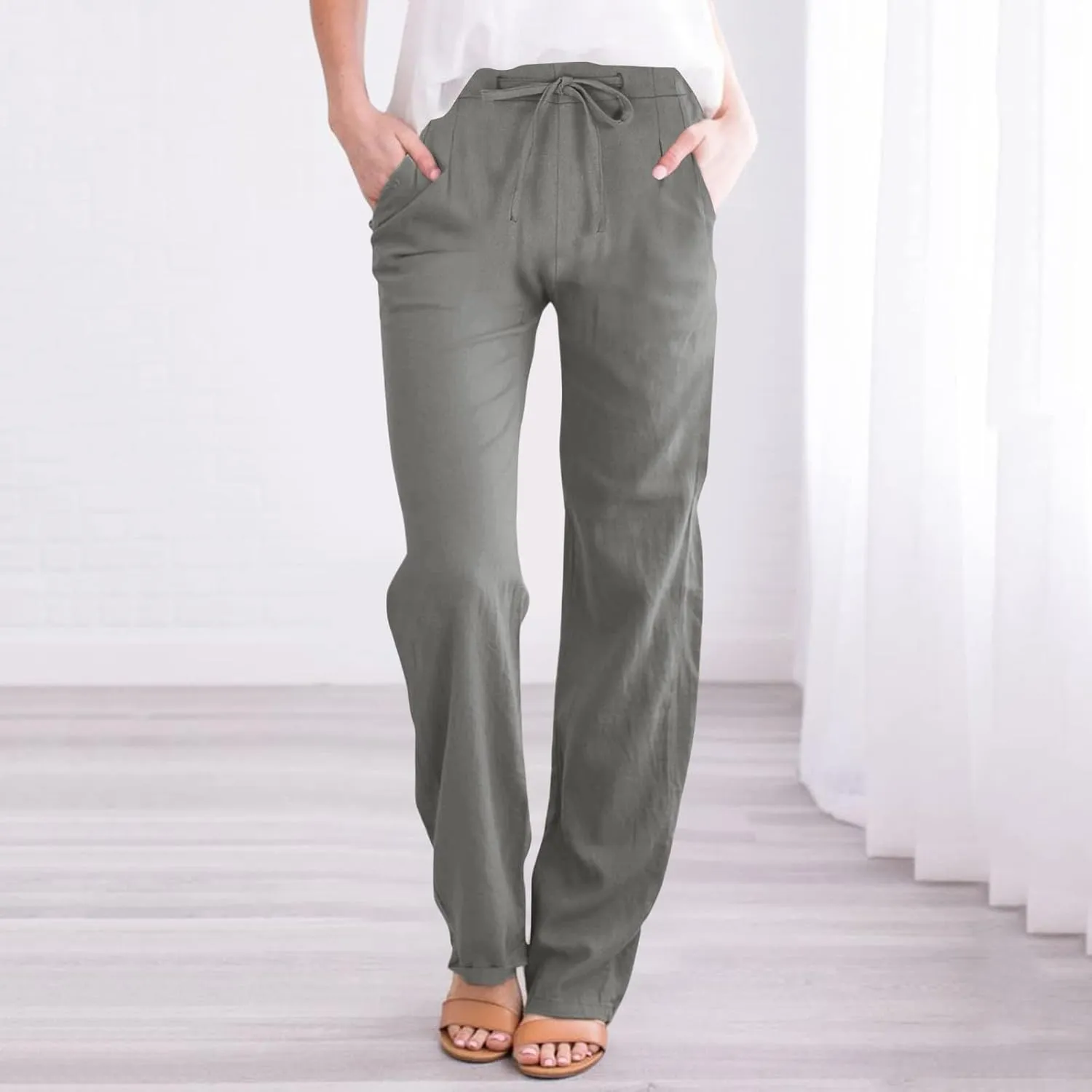 Womens Wide Leg Pants Lace-Up Elastic Waisted Solid Color Loose Summer Trendy Beach Full Length Trousers with Pockets