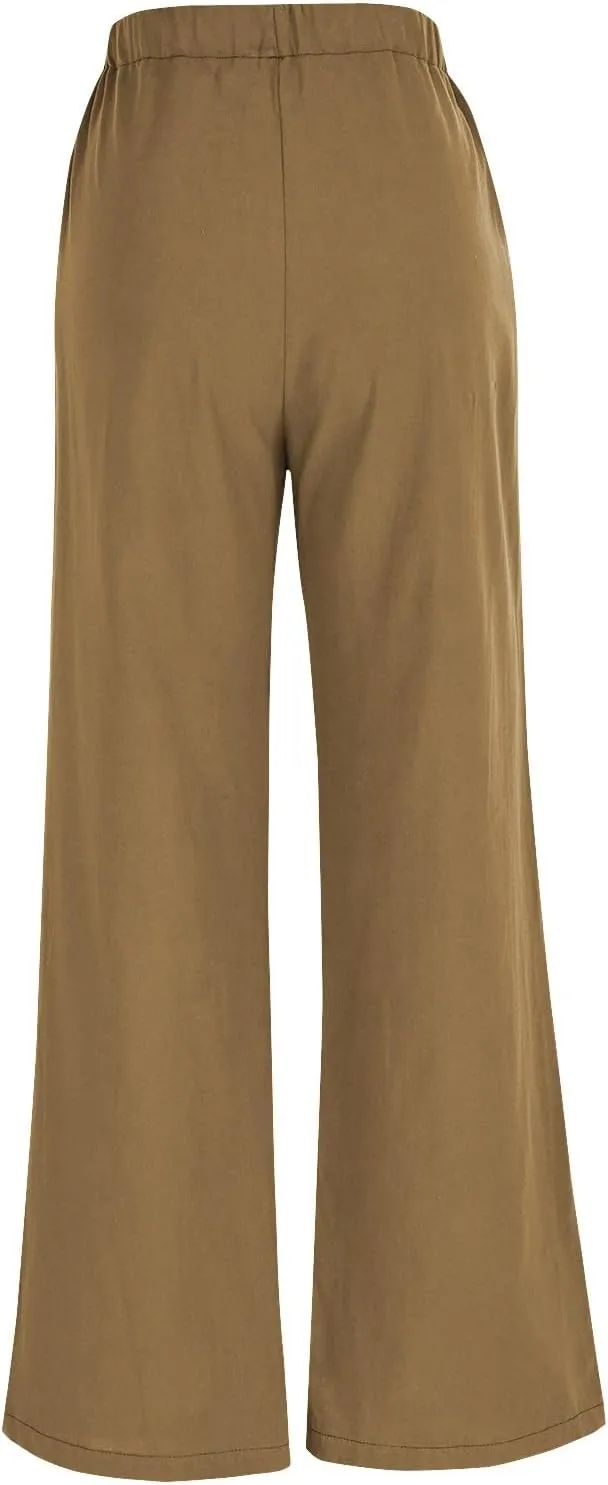 Womens Wide Leg Pants Lace-Up Elastic Waisted Solid Color Loose Summer Trendy Beach Full Length Trousers with Pockets