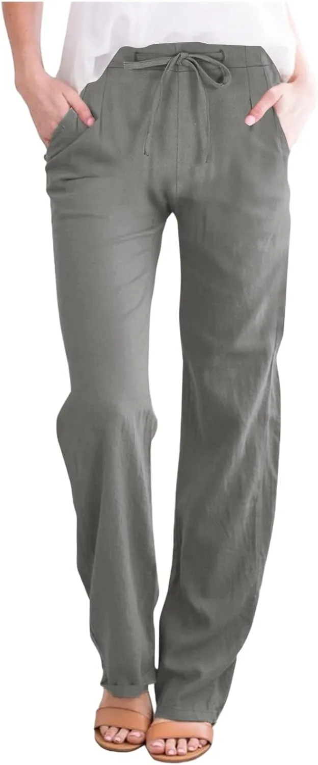 Womens Wide Leg Pants Lace-Up Elastic Waisted Solid Color Loose Summer Trendy Beach Full Length Trousers with Pockets