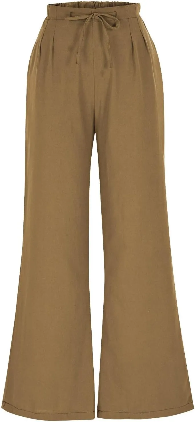 Womens Wide Leg Pants Lace-Up Elastic Waisted Solid Color Loose Summer Trendy Beach Full Length Trousers with Pockets