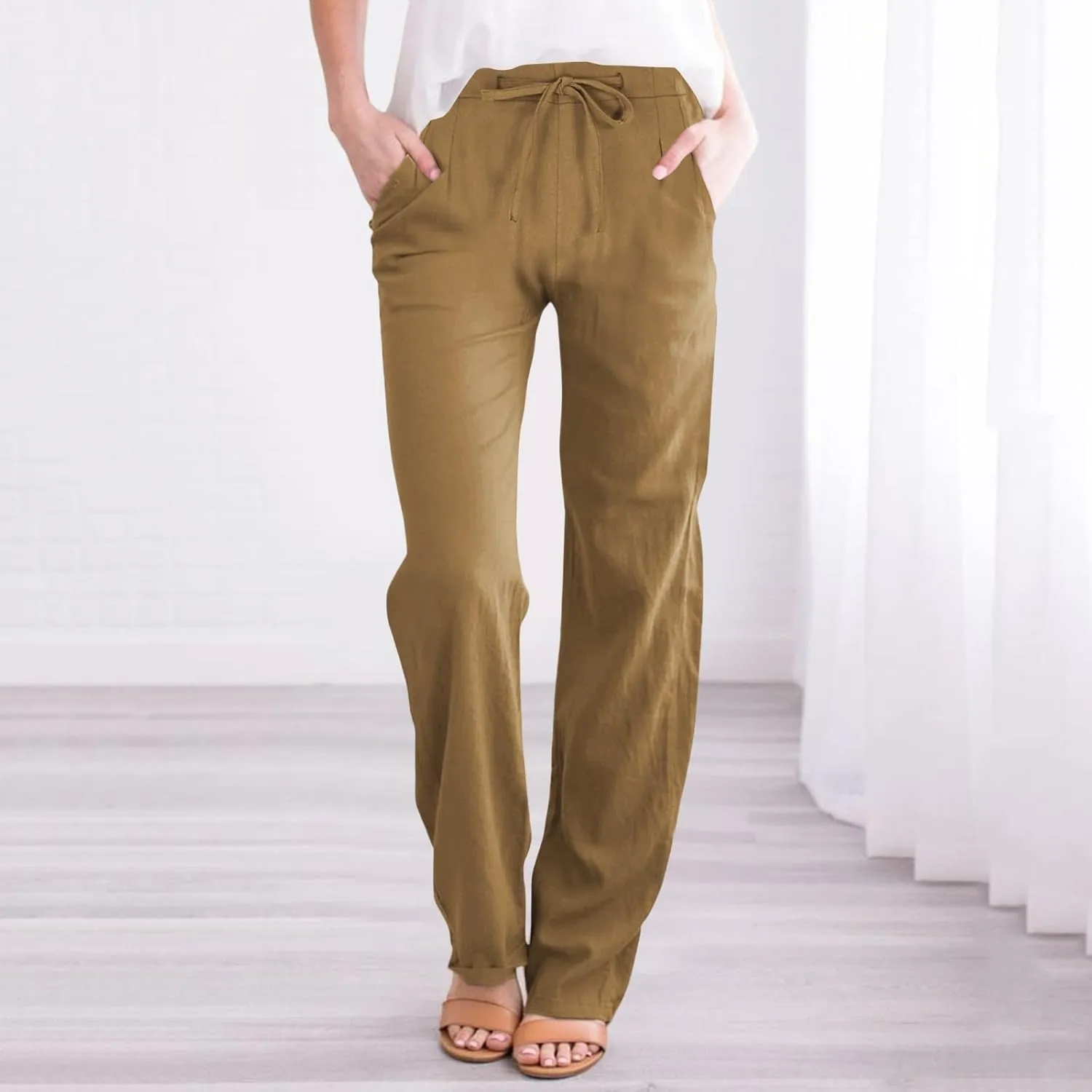 Womens Wide Leg Pants Lace-Up Elastic Waisted Solid Color Loose Summer Trendy Beach Full Length Trousers with Pockets