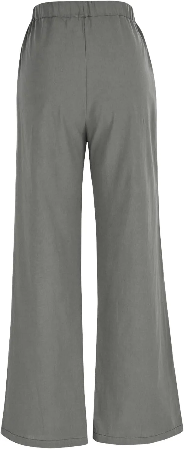 Womens Wide Leg Pants Lace-Up Elastic Waisted Solid Color Loose Summer Trendy Beach Full Length Trousers with Pockets