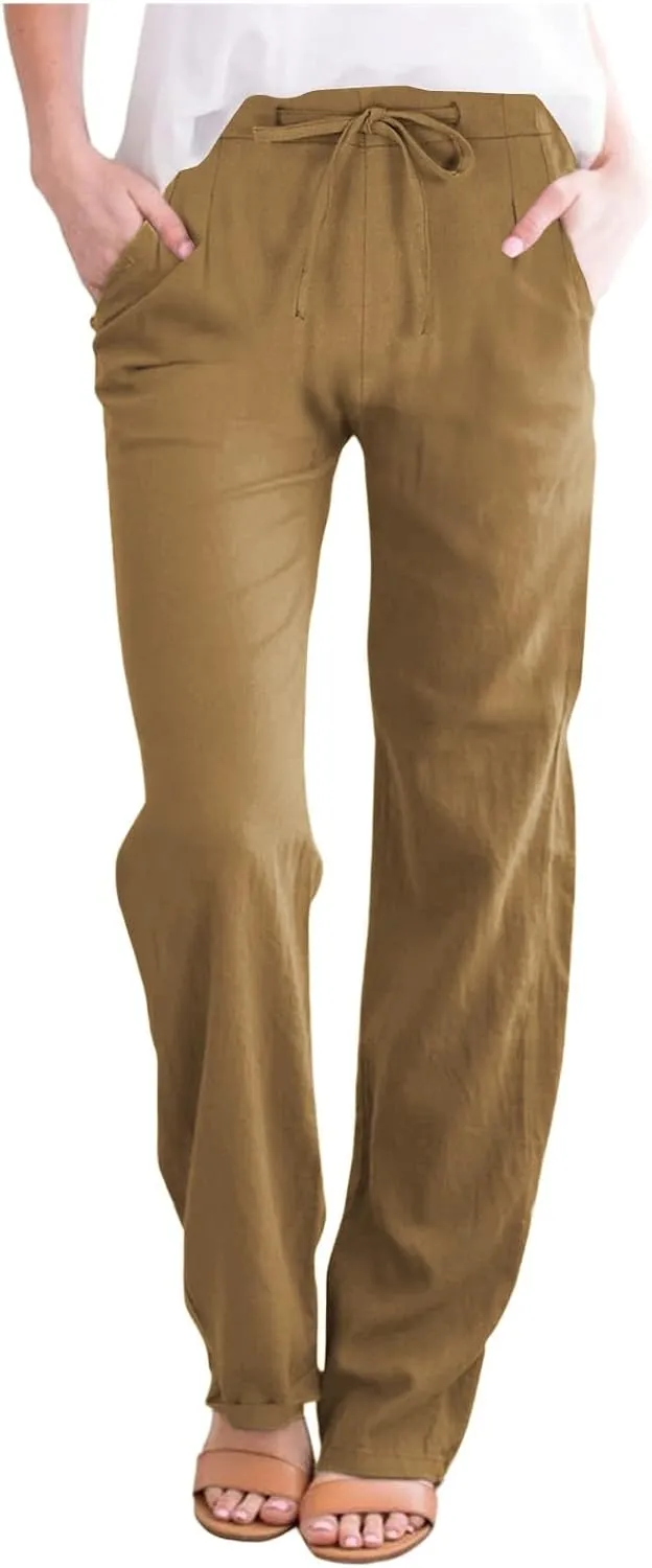 Womens Wide Leg Pants Lace-Up Elastic Waisted Solid Color Loose Summer Trendy Beach Full Length Trousers with Pockets